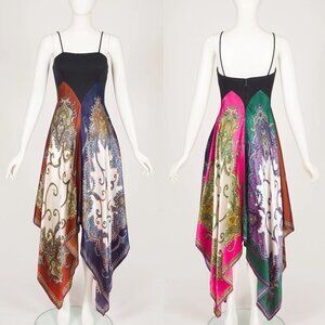 1970s Vintage Printed Scarf Skirt Handkerchief Hem Maxi Dress Sz XS